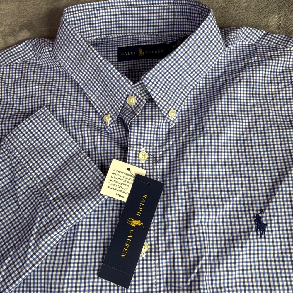 Ralph Lauren Button Down Men XXL Navy Gingham Check Long Sleeve Classic Fit NWT